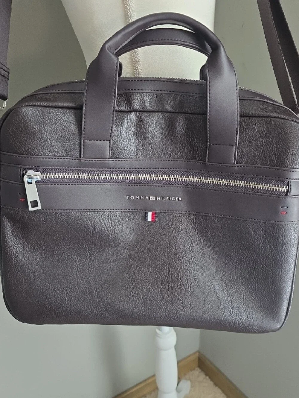 Tommy Hilfiger Men's Dark Brown Laptop Briefcase with Shoulder Strap